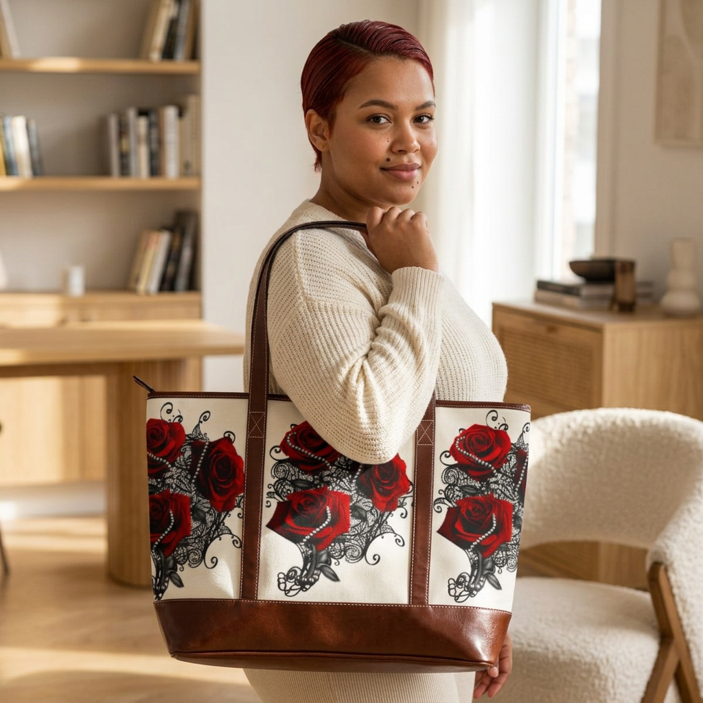Red Rose Tattoo Tote Handbag — Gothic Floral Shoulder Bag, Romantic Valentine Gift