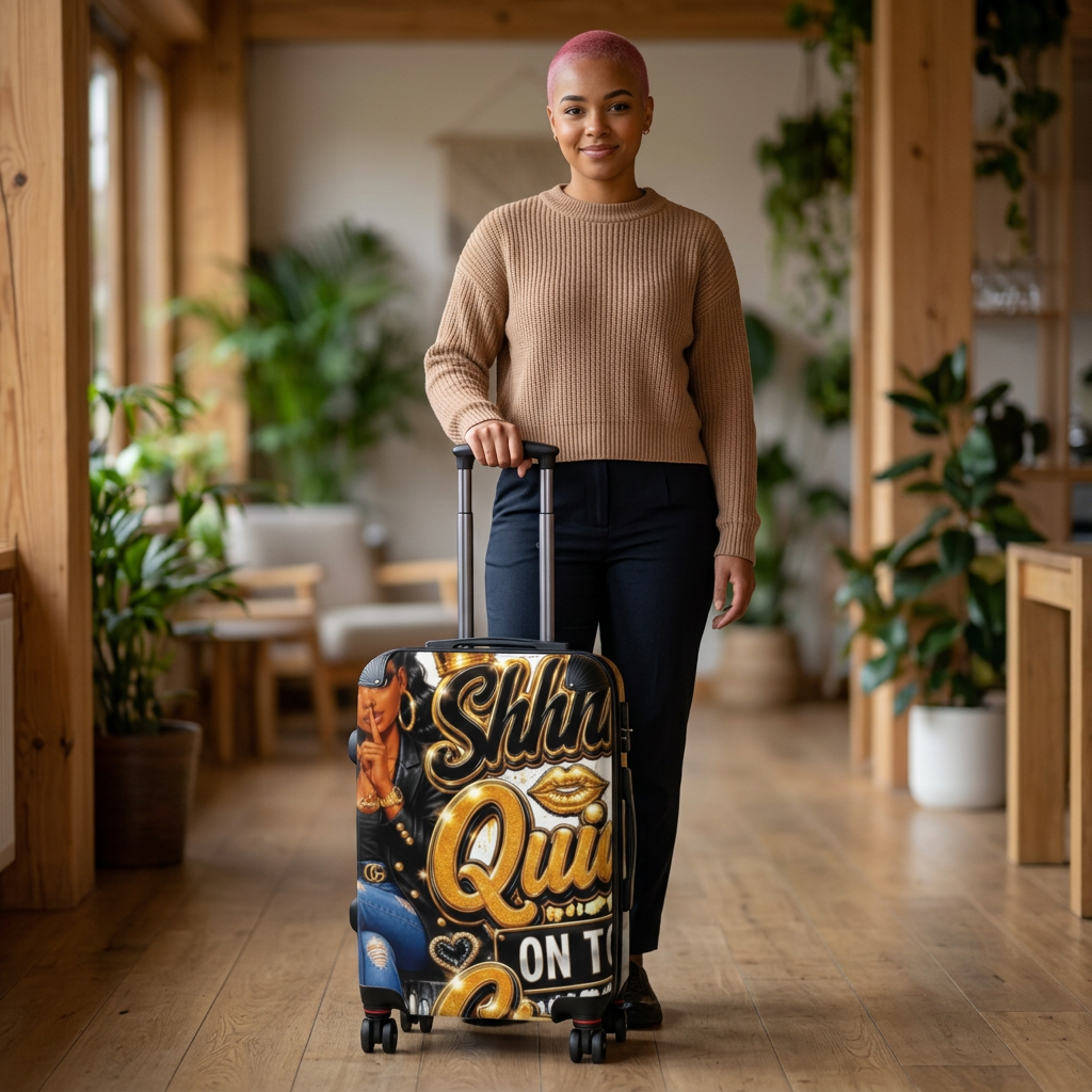 Shhh Quiet On The Plane Carry-On Suitcase — Bold Travel Luggage with Gold Graphic