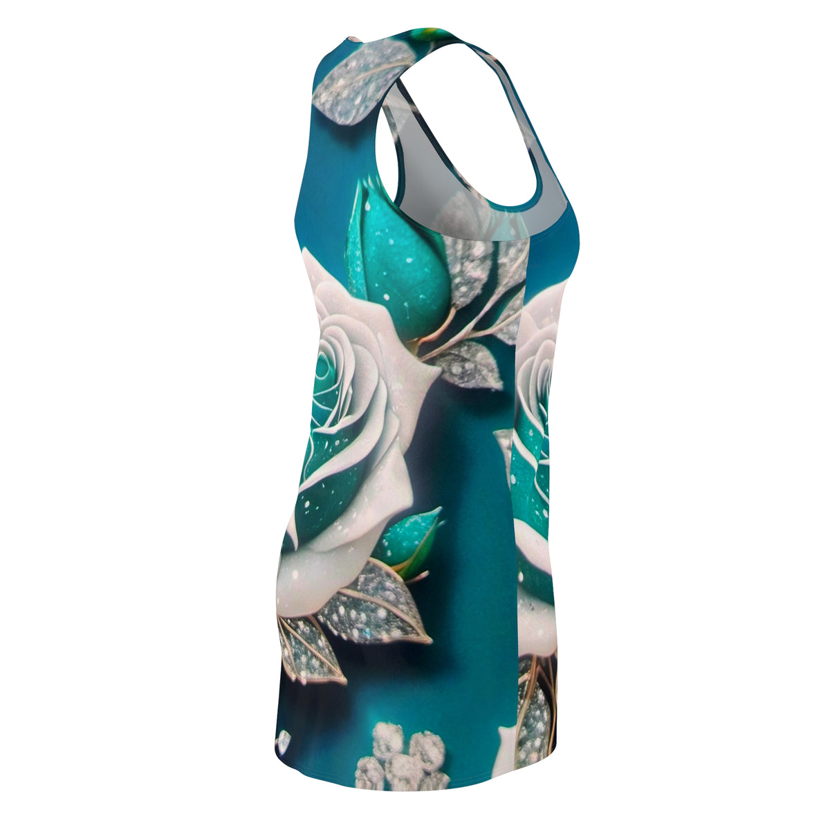 Racerback Dress — Teal & White Sparkling Rose All-Over Print