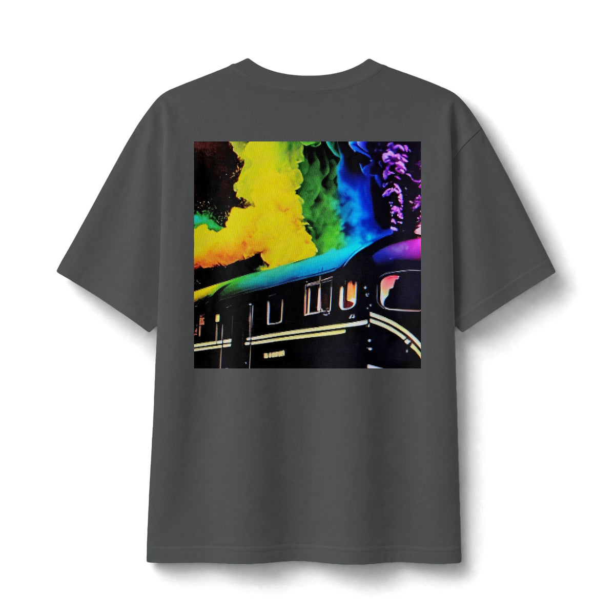Retro Train Tee — Neon Smoke Vintage Locomotive Graphic Shirt
