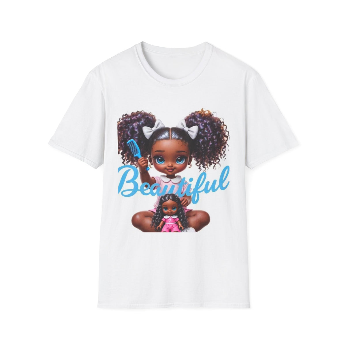 T-Shirt — "Beautiful" Cute Curly-Haired Doll Illustration Tee