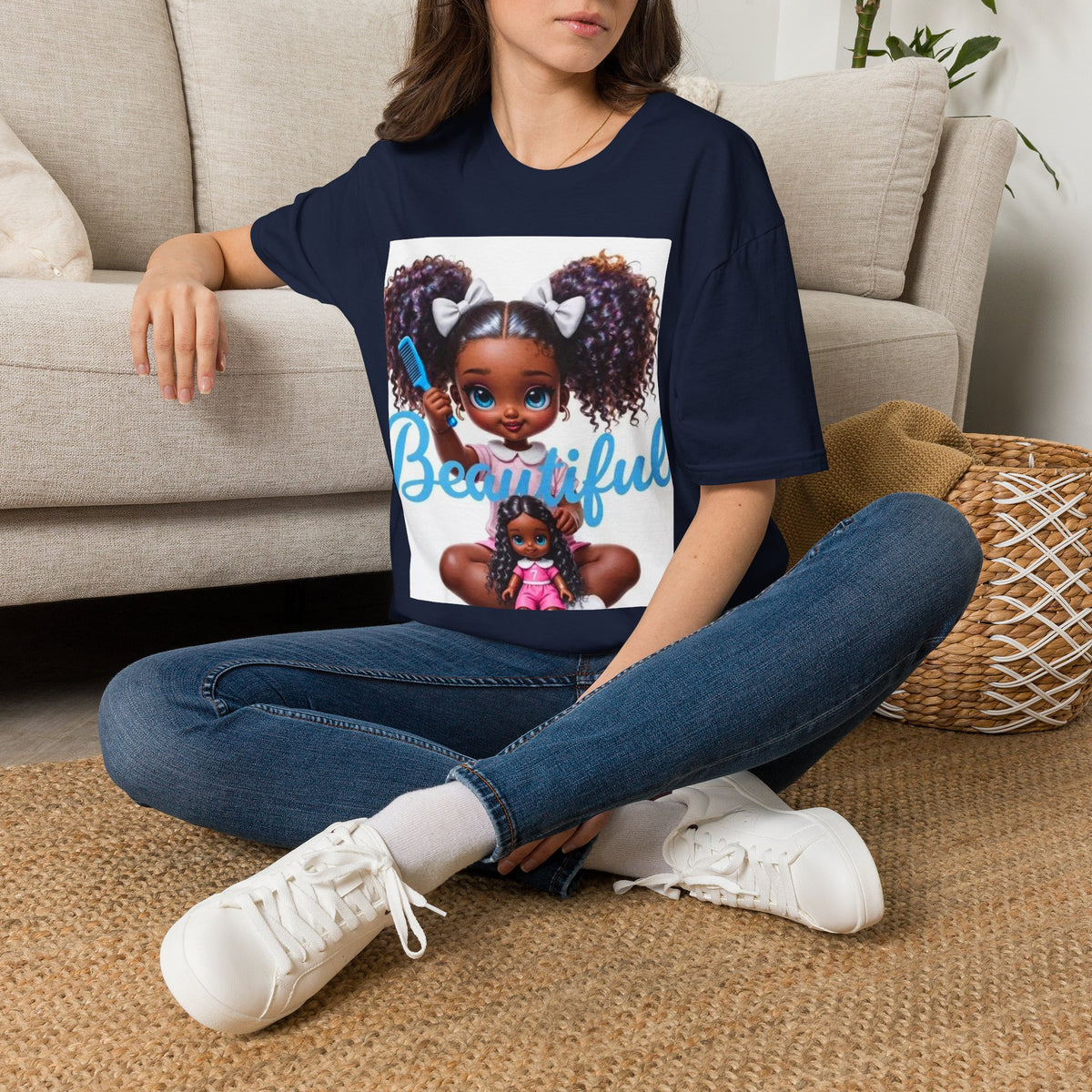 T-Shirt — "Beautiful" Cute Curly-Haired Doll Illustration Tee