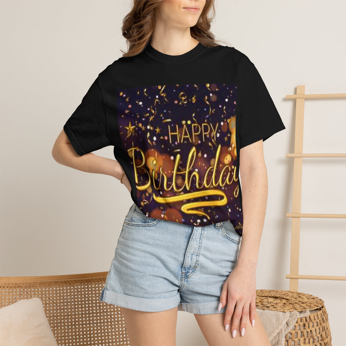 Birthday T-Shirt — Gold Confetti "Happy Birthday" Tee