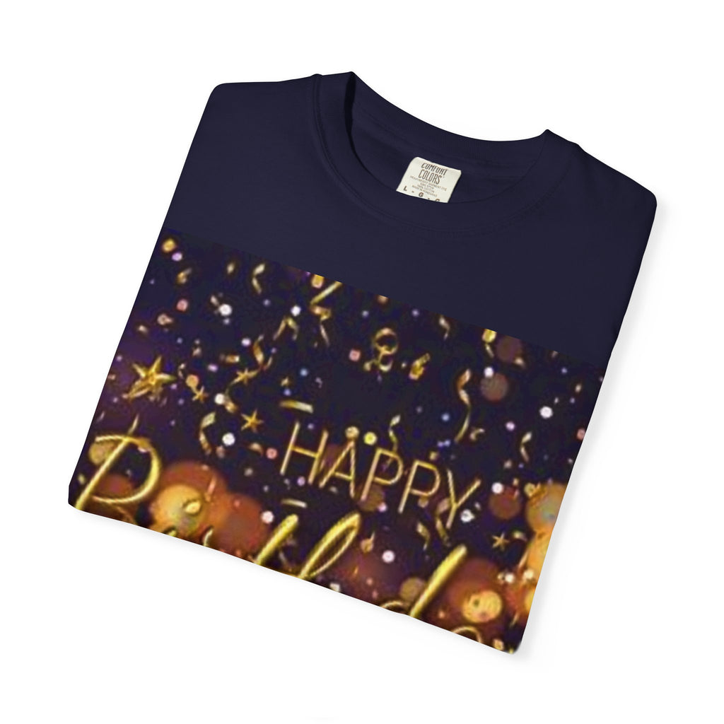 Birthday T-Shirt — Gold Confetti "Happy Birthday" Tee