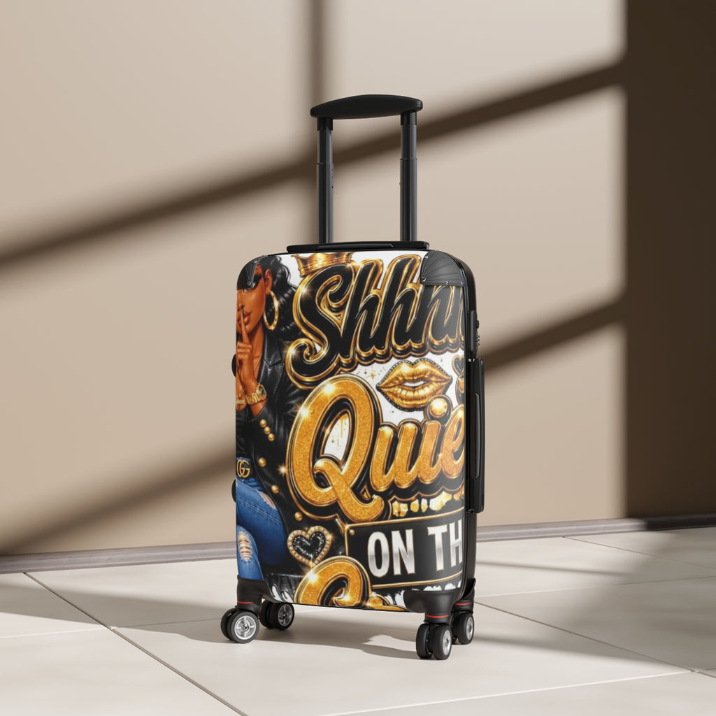 Shhh Quiet On The Plane Carry-On Suitcase — Bold Travel Luggage with Gold Graphic