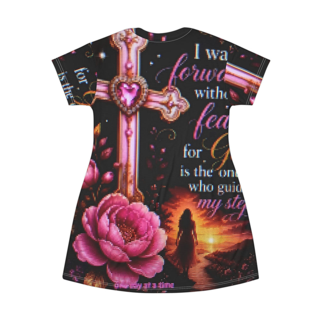 Christian Cross Floral T-Shirt Dress — Inspirational "I Walk Forward With No Fear" AOP