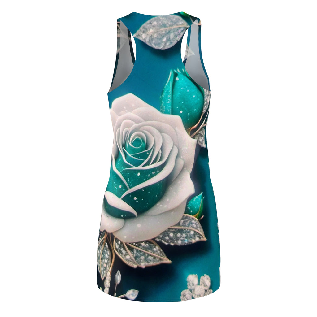 Racerback Dress — Teal & White Sparkling Rose All-Over Print
