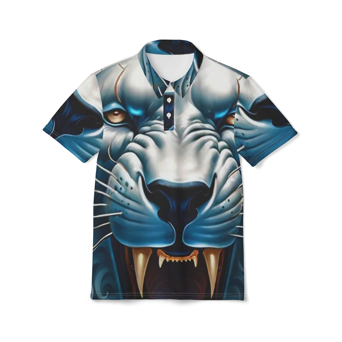 Blue Tiger Face Polo Shirt — All-Over Print Bold Animal Graphic Polo