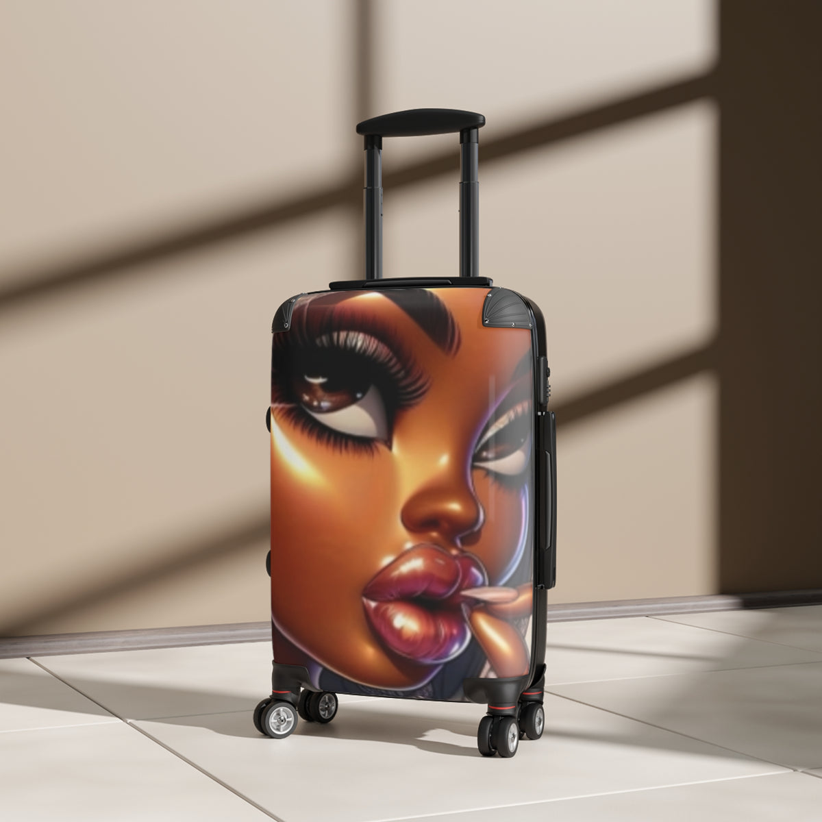 Bold Glam Face Carry-On Suitcase — Lipstick Beauty Print Travel Luggage