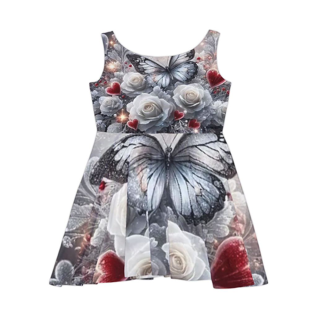 Butterfly & Rose Skater Dress — Romantic Floral Heart Pattern