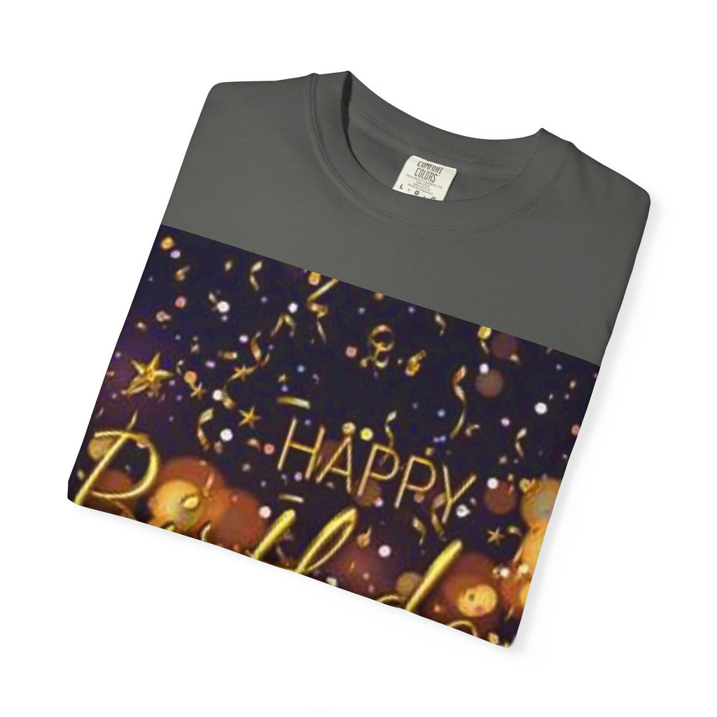 Birthday T-Shirt — Gold Confetti "Happy Birthday" Tee