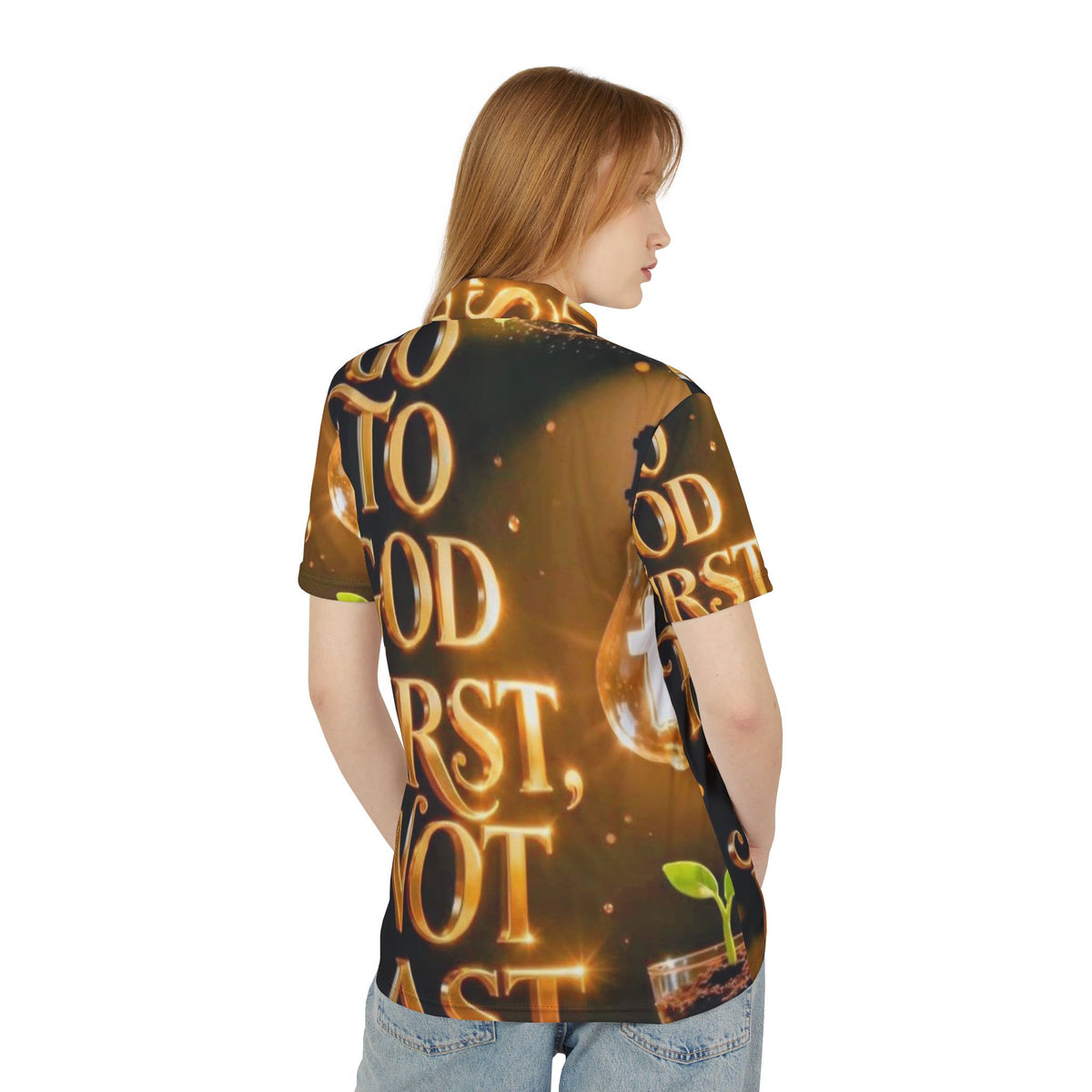 Faith-Focused Polo Shirt — “God First, Not Last” All-Over Print