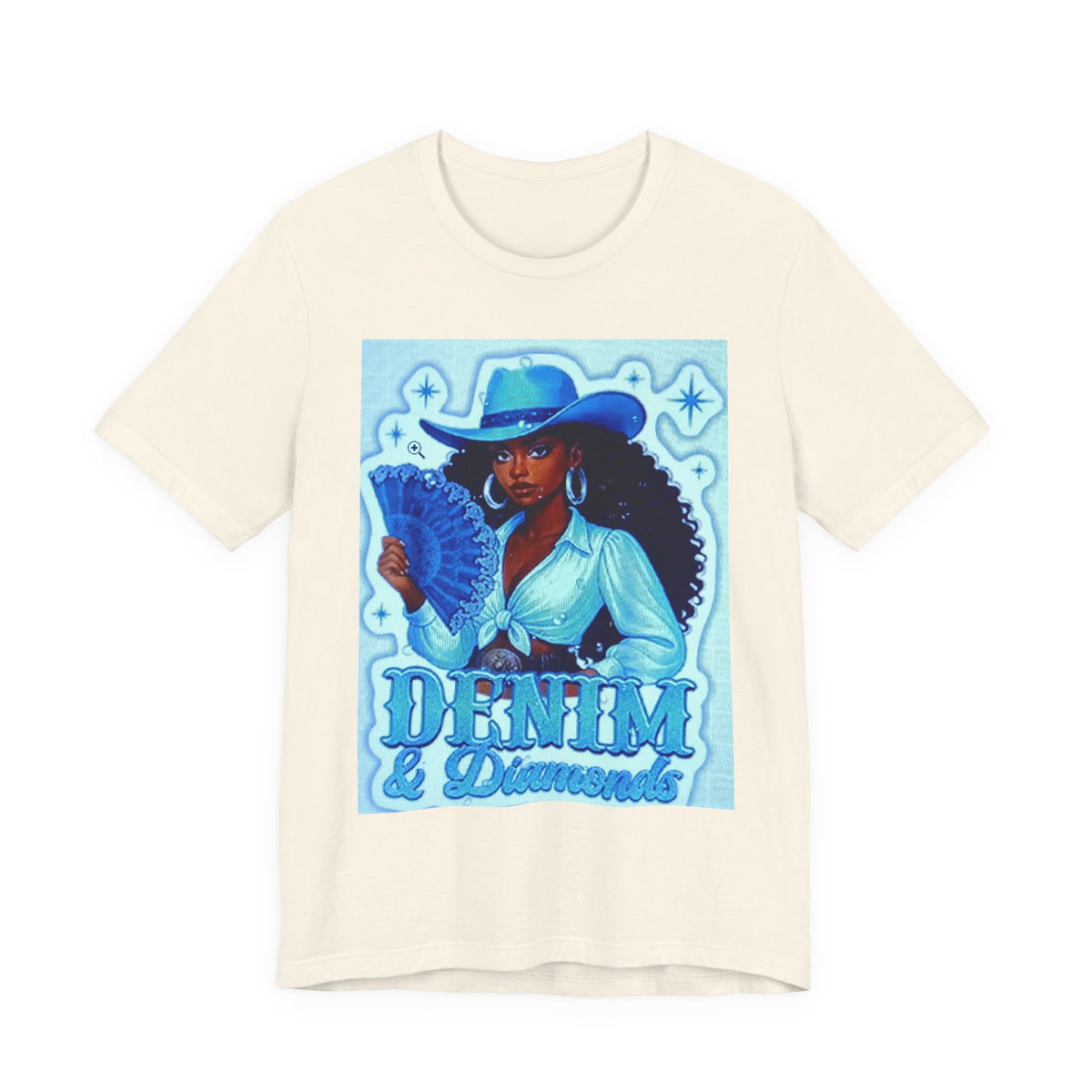 Denim & Diamonds Graphic T‑Shirt — Retro Blue Cowgirl Design