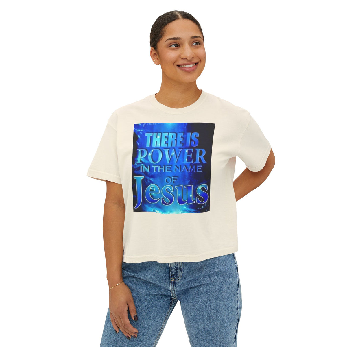 Women’s Boxy Tee — "There Is Power in the Name of Jesus" Christian Faith T-Shirt