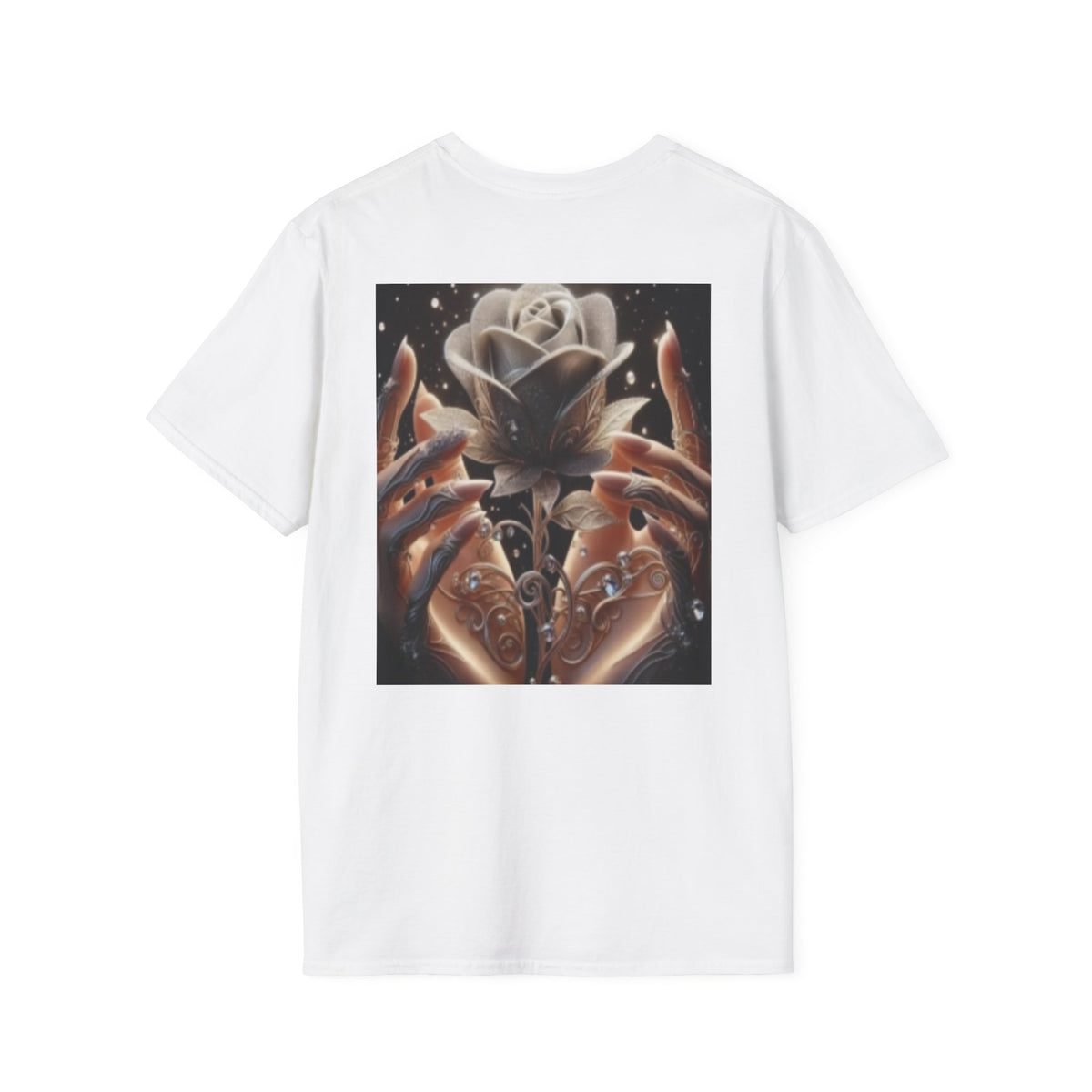 Floral Mystic Rose T‑Shirt — Ethereal Hands & Black Rose Graphic Tee