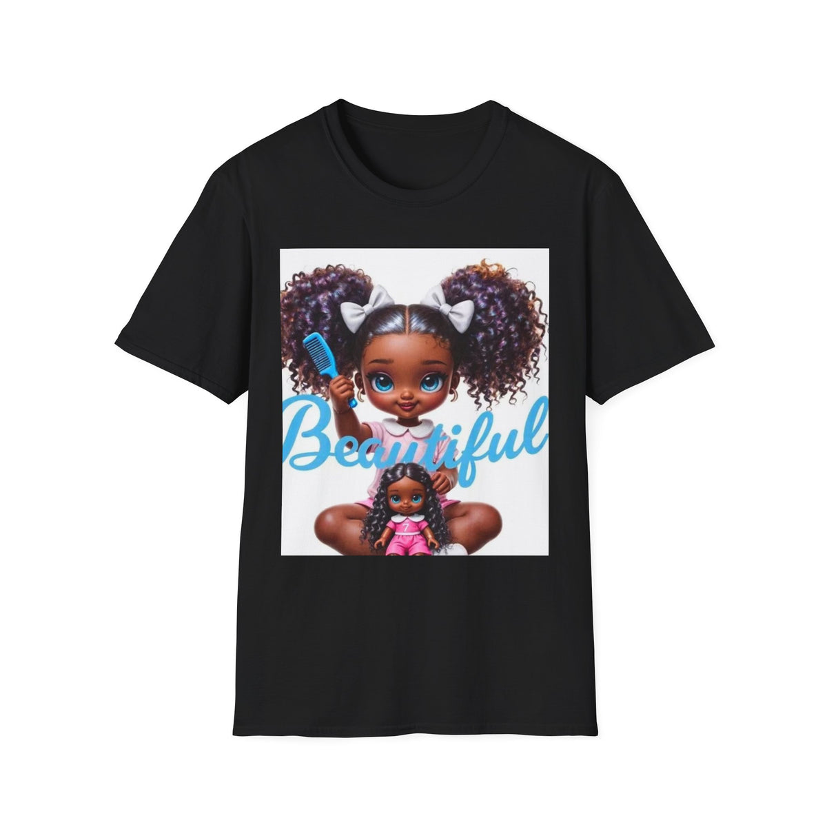 T-Shirt — "Beautiful" Cute Curly-Haired Doll Illustration Tee