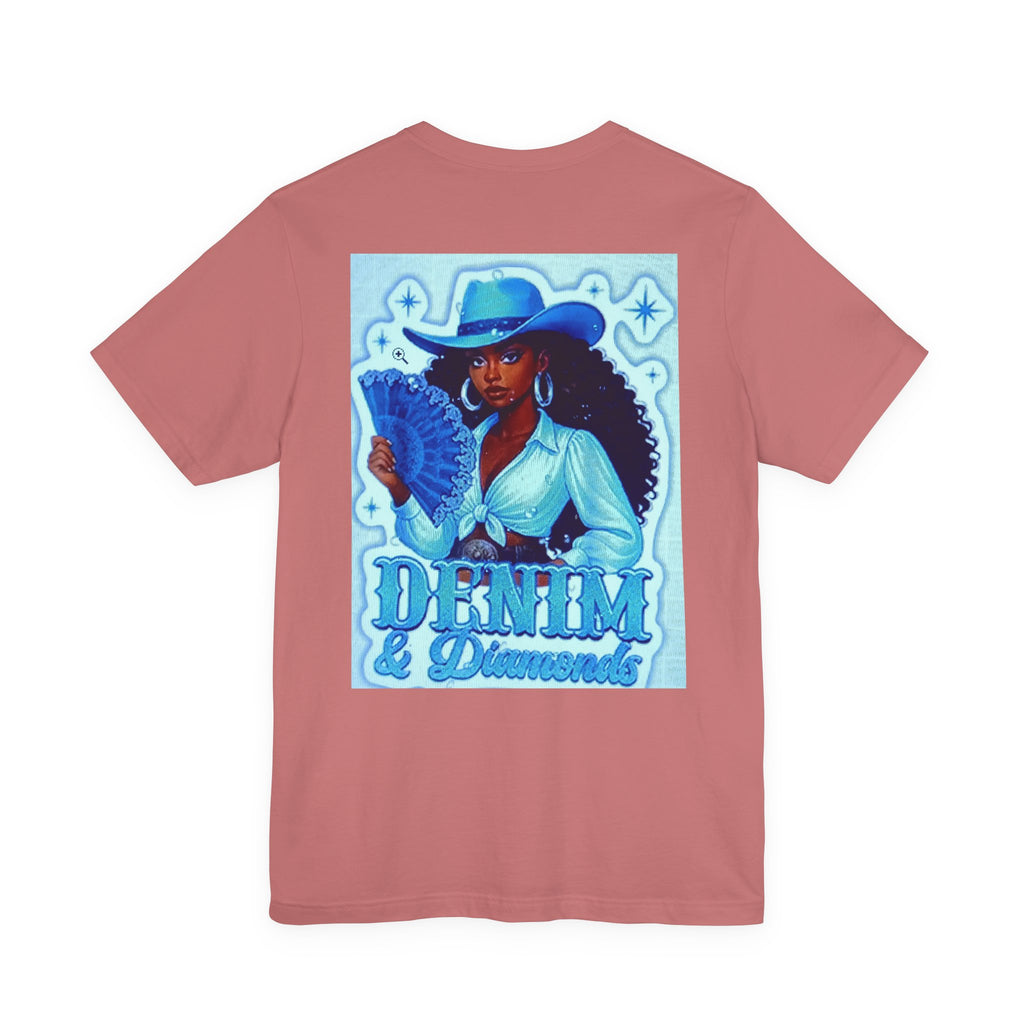 Denim & Diamonds Graphic T‑Shirt — Retro Blue Cowgirl Design