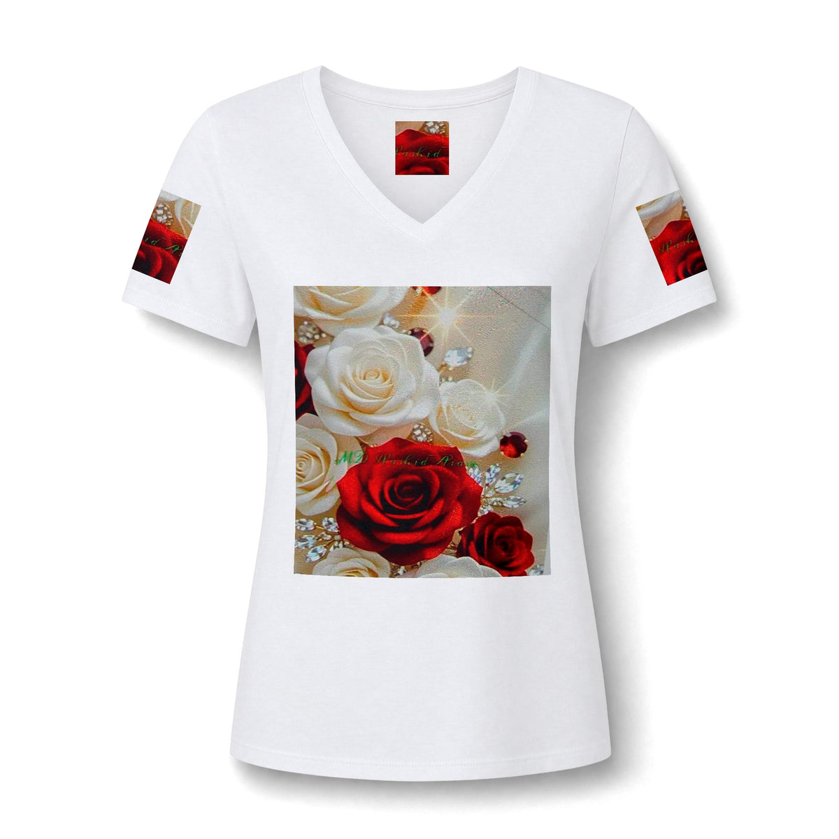 Women's V-Neck Tee — Red & White Rose Bouquet Graphic