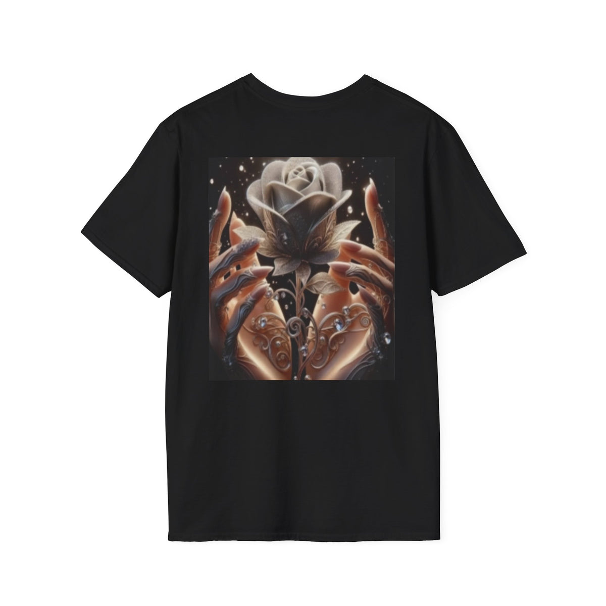 Floral Mystic Rose T‑Shirt — Ethereal Hands & Black Rose Graphic Tee