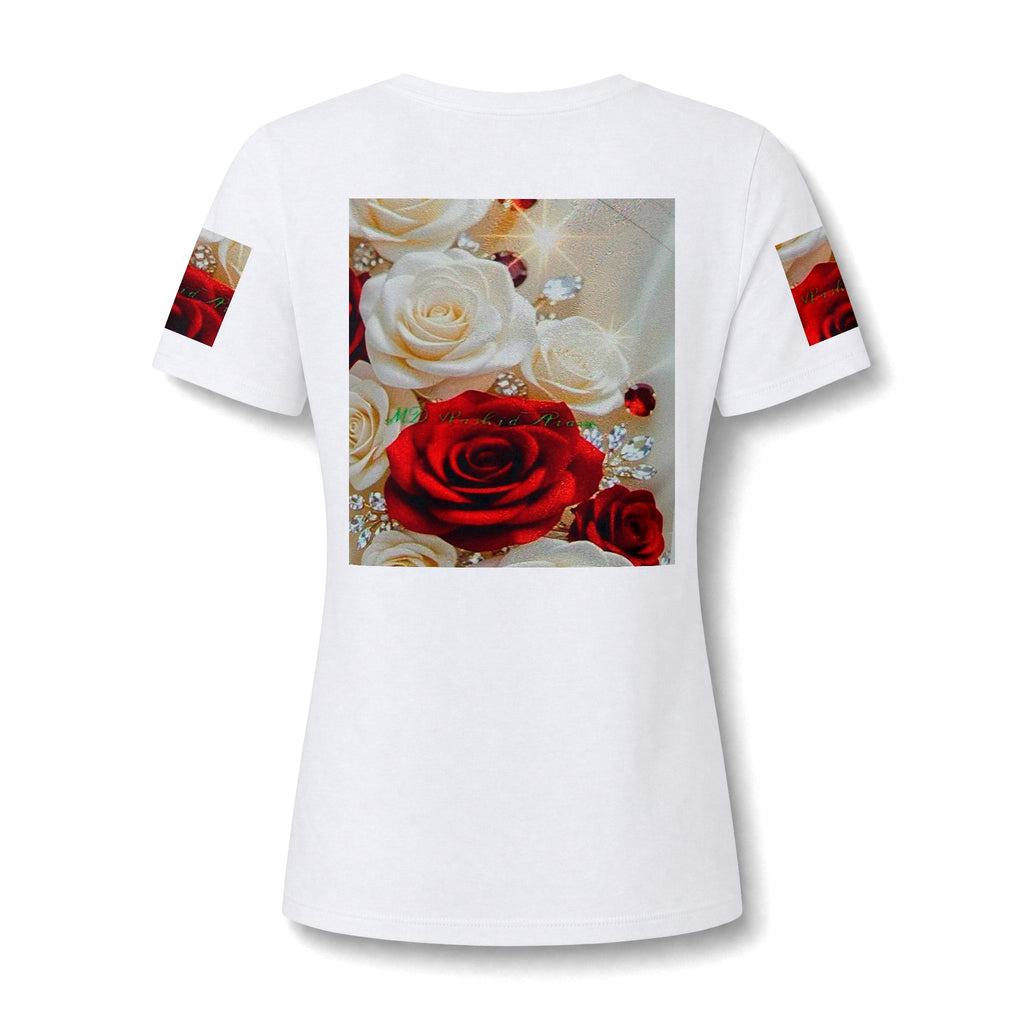 Women's V-Neck Tee — Red & White Rose Bouquet Graphic