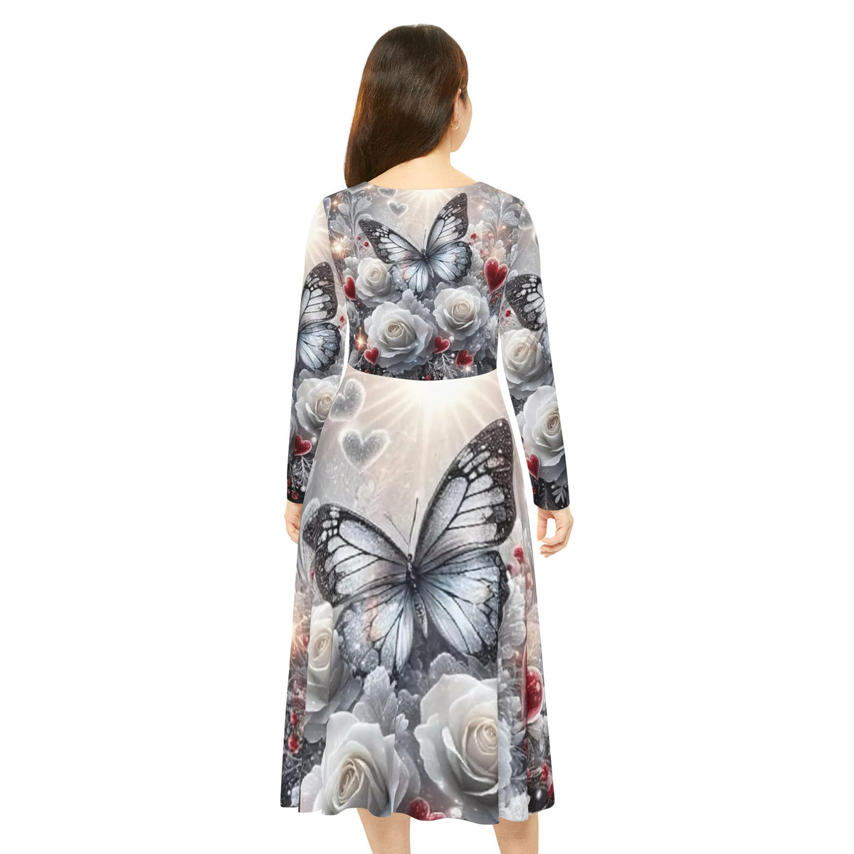 Butterfly Rose Long Sleeve Dance Dress — Floral Heart AOP