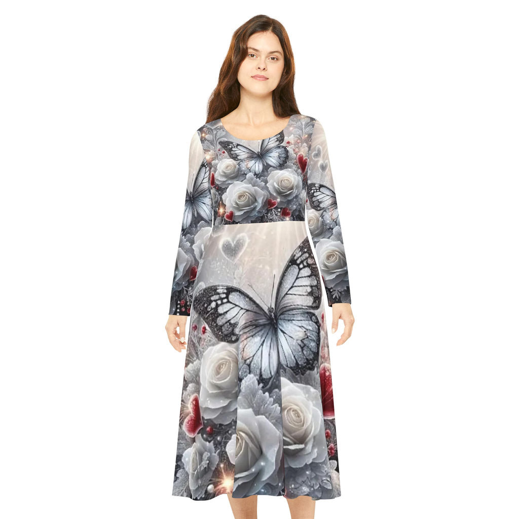 Butterfly Rose Long Sleeve Dance Dress — Floral Heart AOP