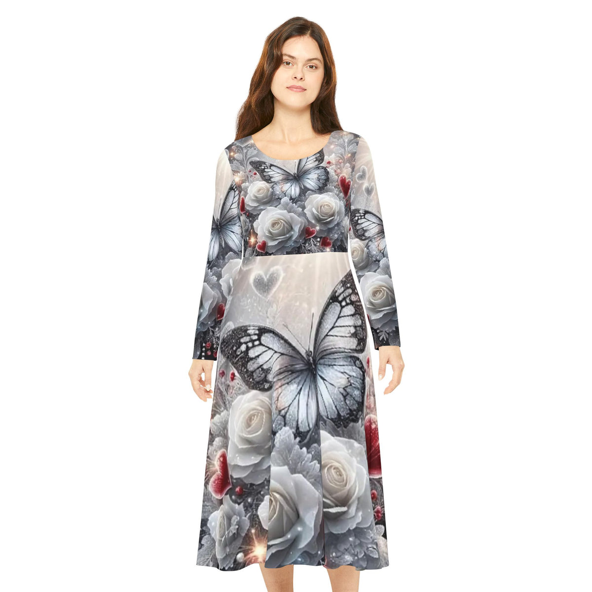 Butterfly Rose Long Sleeve Dance Dress — Floral Heart AOP