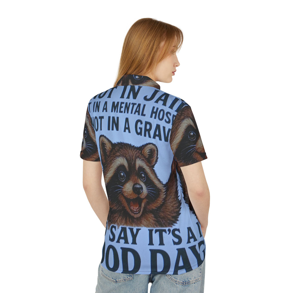 Raccoon Vintage Poster Polo — "I'd Say It's a Good Day" All-Over Print