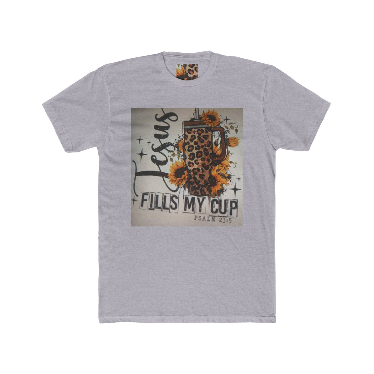 Christian Leopard Mug Graphic Tee — "Jesus Fills My Cup" Sunflower T-Shirt