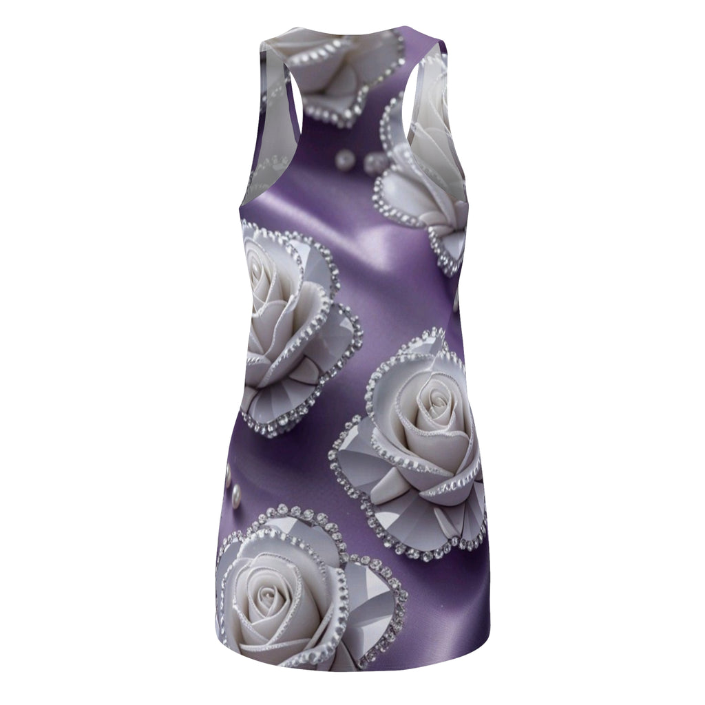 Purple Satin Rose Racerback Dress – White Pearl Floral Print