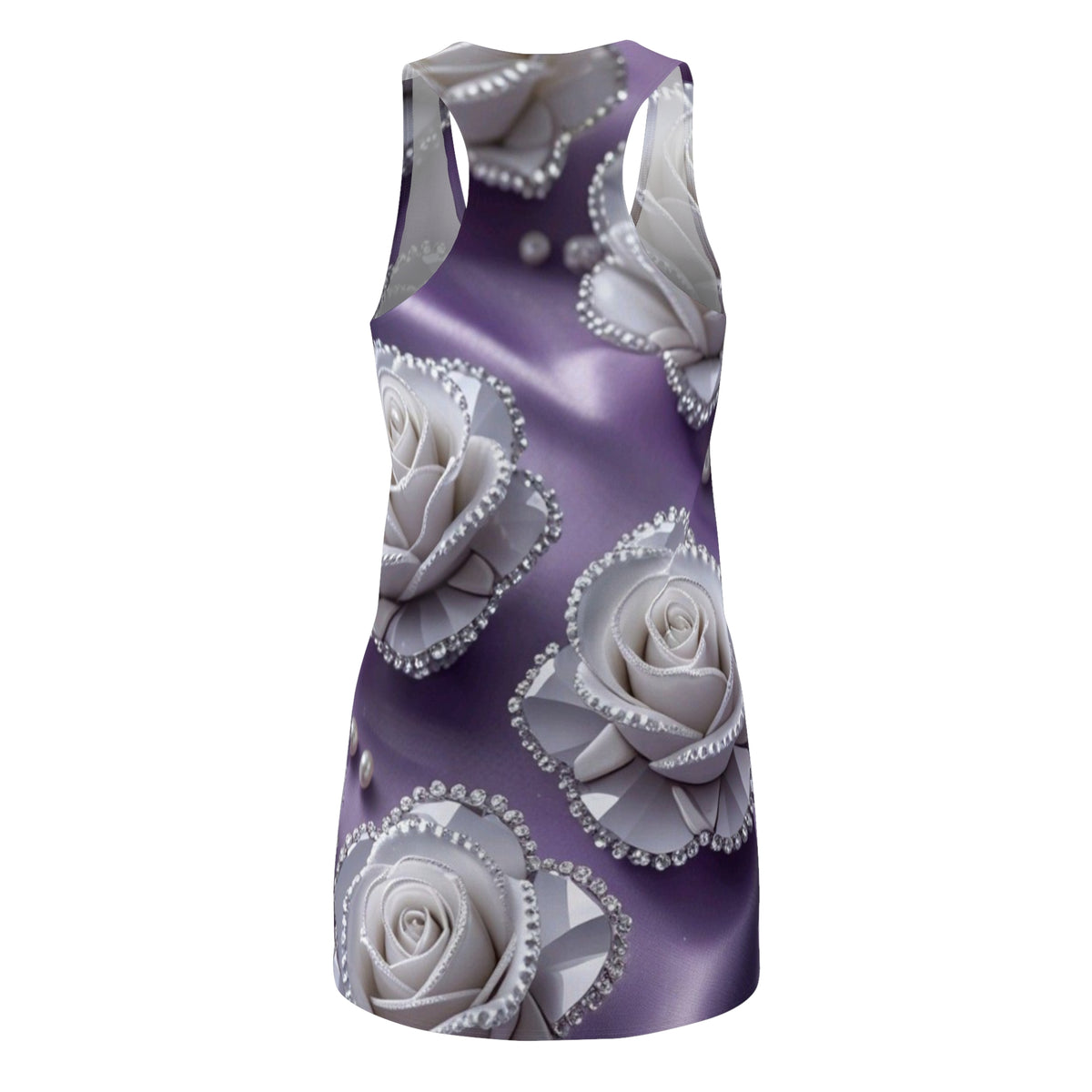 Purple Satin Rose Racerback Dress – White Pearl Floral Print