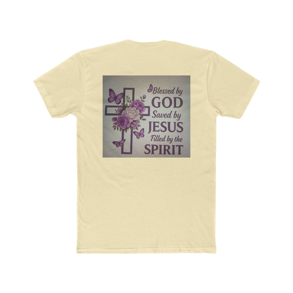 Christian Tee — "Blessed by God, Saved by Jesus, Filled by the Spirit" Floral Cross