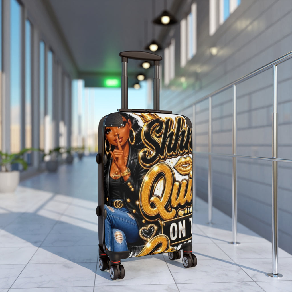 Shhh Quiet On The Plane Carry-On Suitcase — Bold Travel Luggage with Gold Graphic