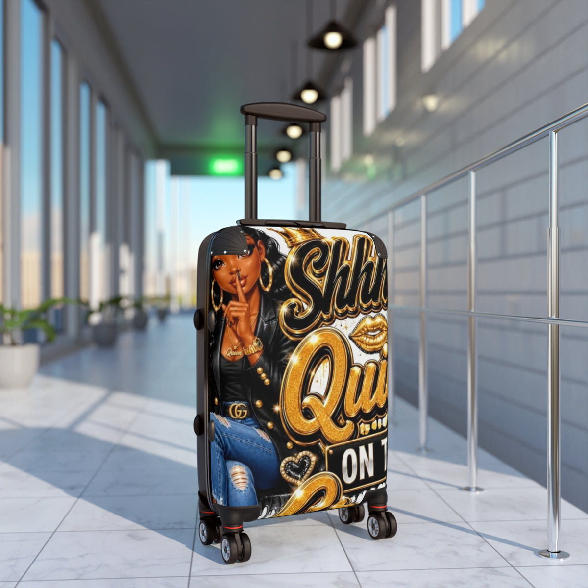 Shhh Quiet On The Plane Carry-On Suitcase — Bold Travel Luggage with Gold Graphic