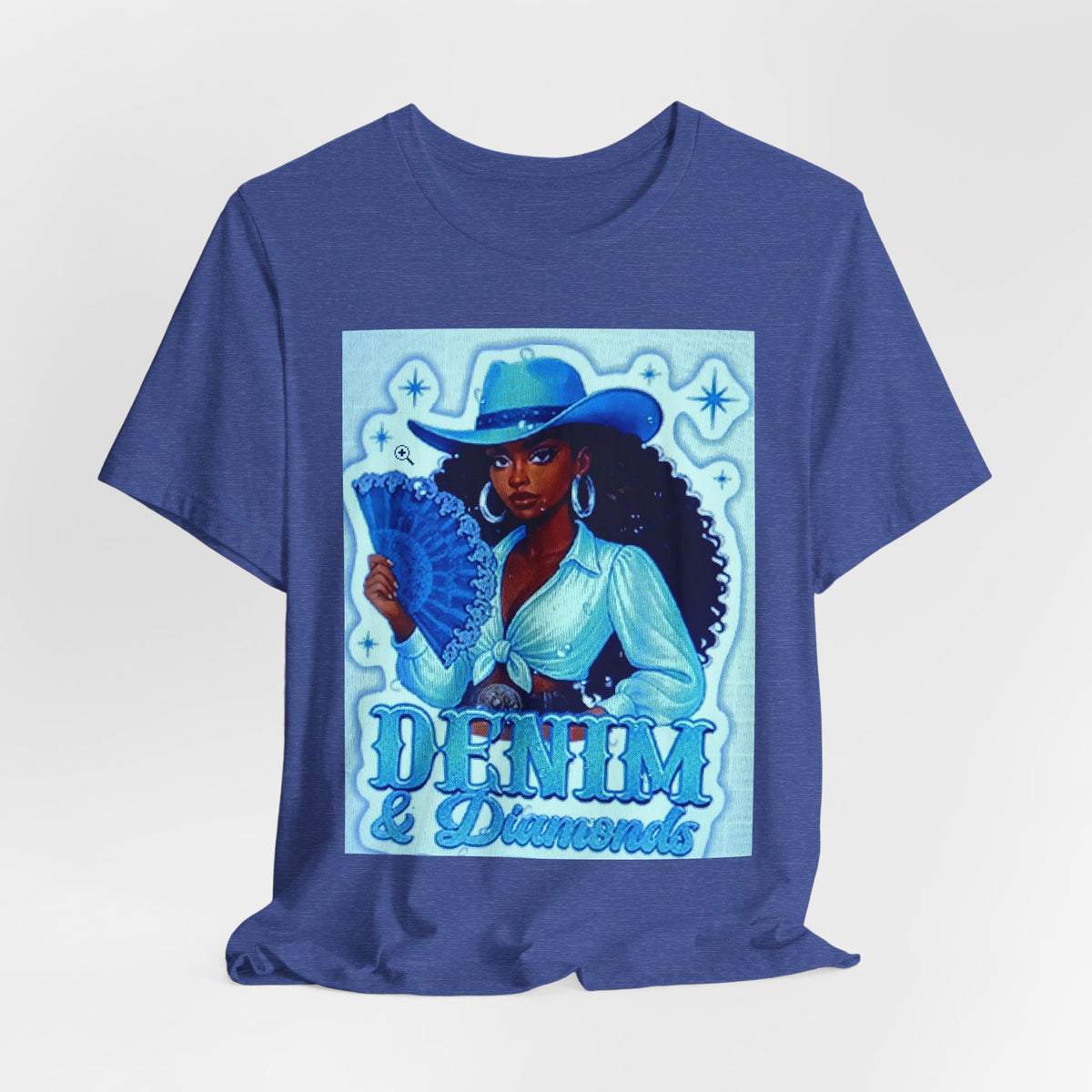 Denim & Diamonds Graphic T‑Shirt — Retro Blue Cowgirl Design