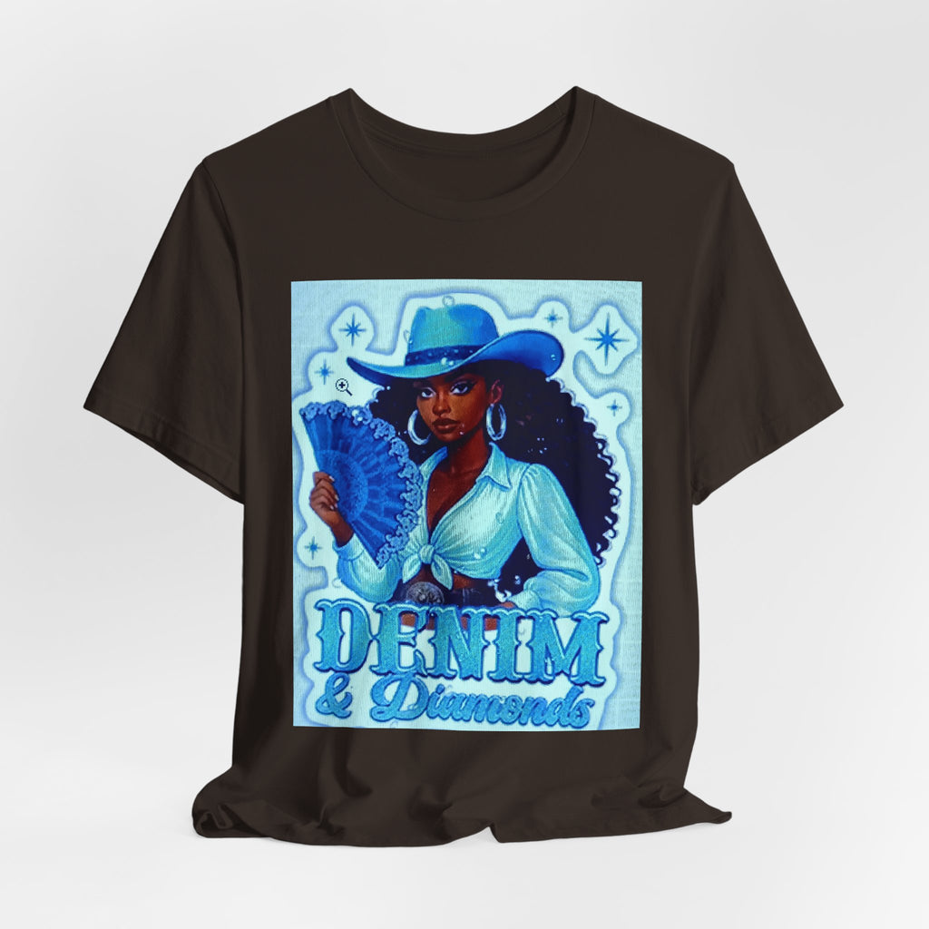 Denim & Diamonds Graphic T‑Shirt — Retro Blue Cowgirl Design
