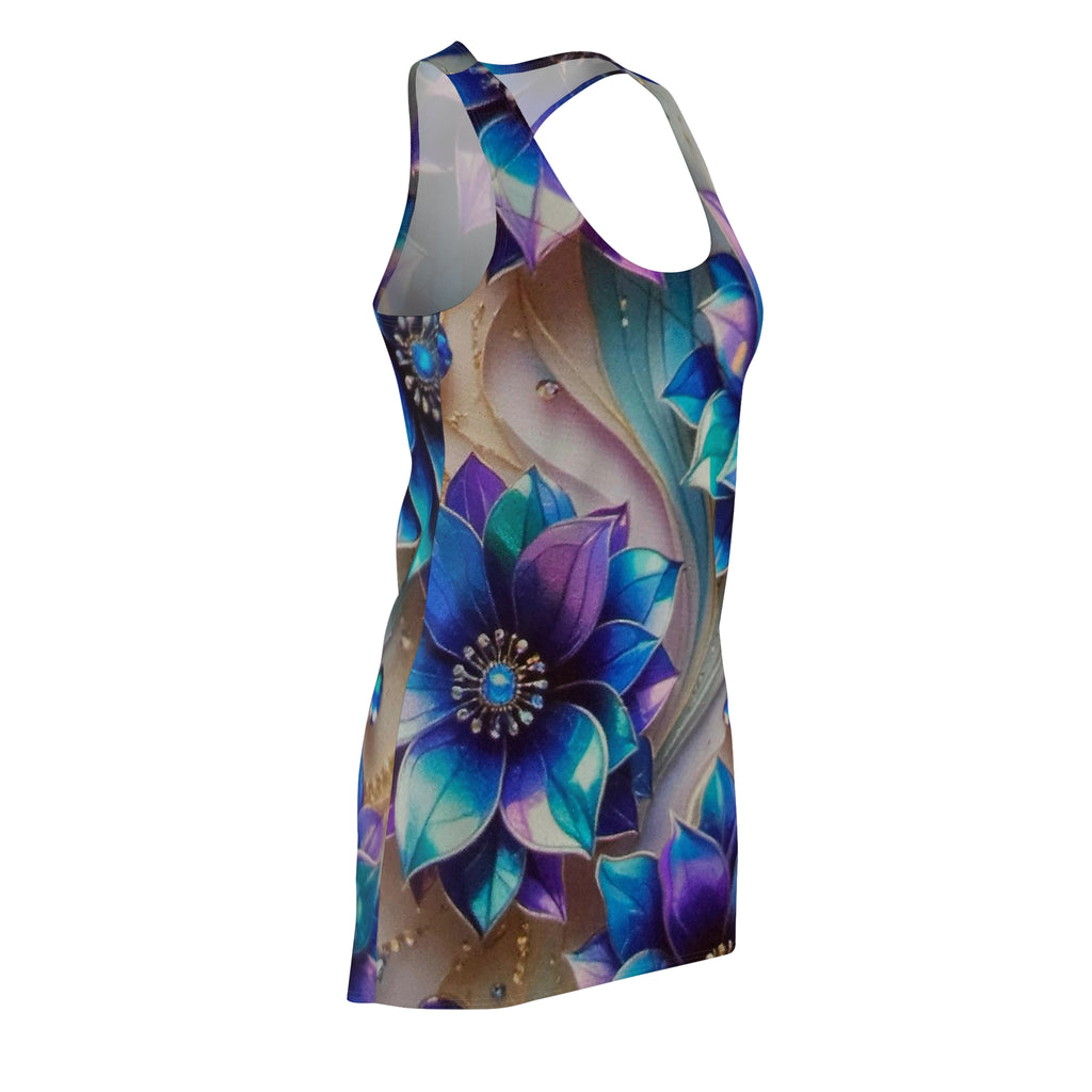 Blue Purple Floral Racerback Dress — All-Over Print Lotus Design
