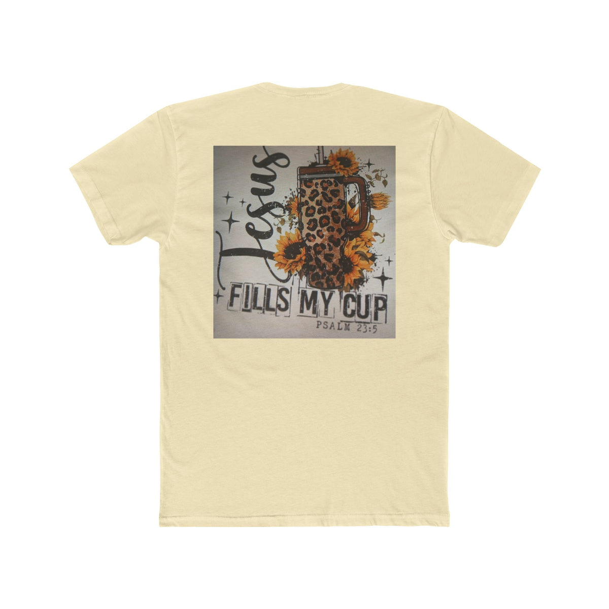 Christian Leopard Mug Graphic Tee — "Jesus Fills My Cup" Sunflower T-Shirt