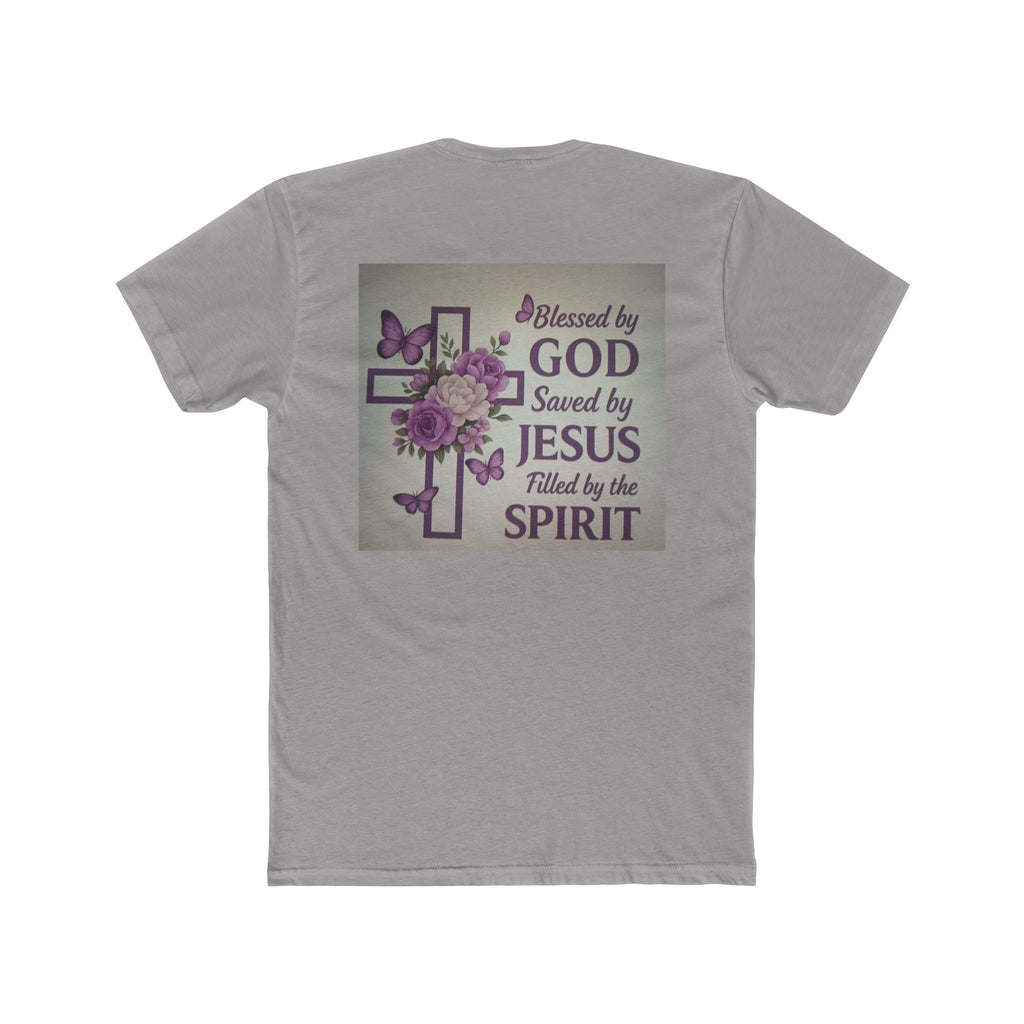 Christian Tee — "Blessed by God, Saved by Jesus, Filled by the Spirit" Floral Cross
