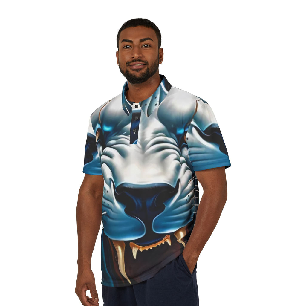 Blue Tiger Face Polo Shirt — All-Over Print Bold Animal Graphic Polo