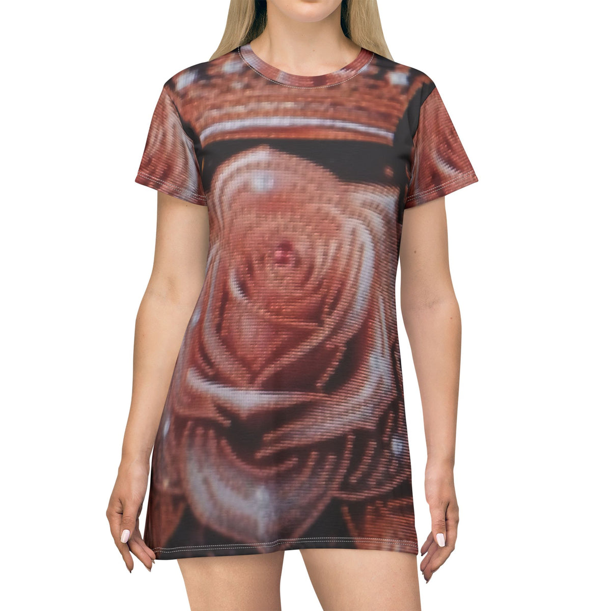 Rose Crown T-Shirt Dress — All-Over Print Floral Royalty