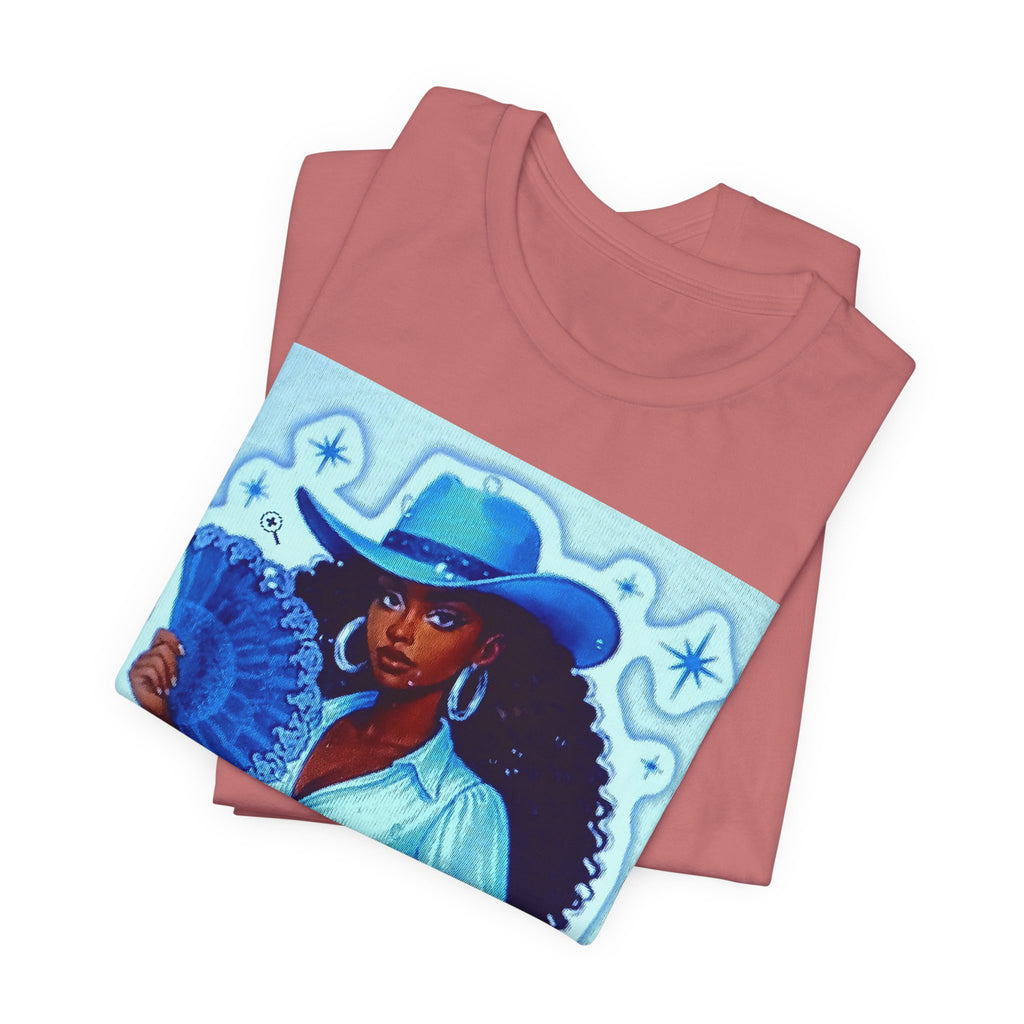 Denim & Diamonds Graphic T‑Shirt — Retro Blue Cowgirl Design