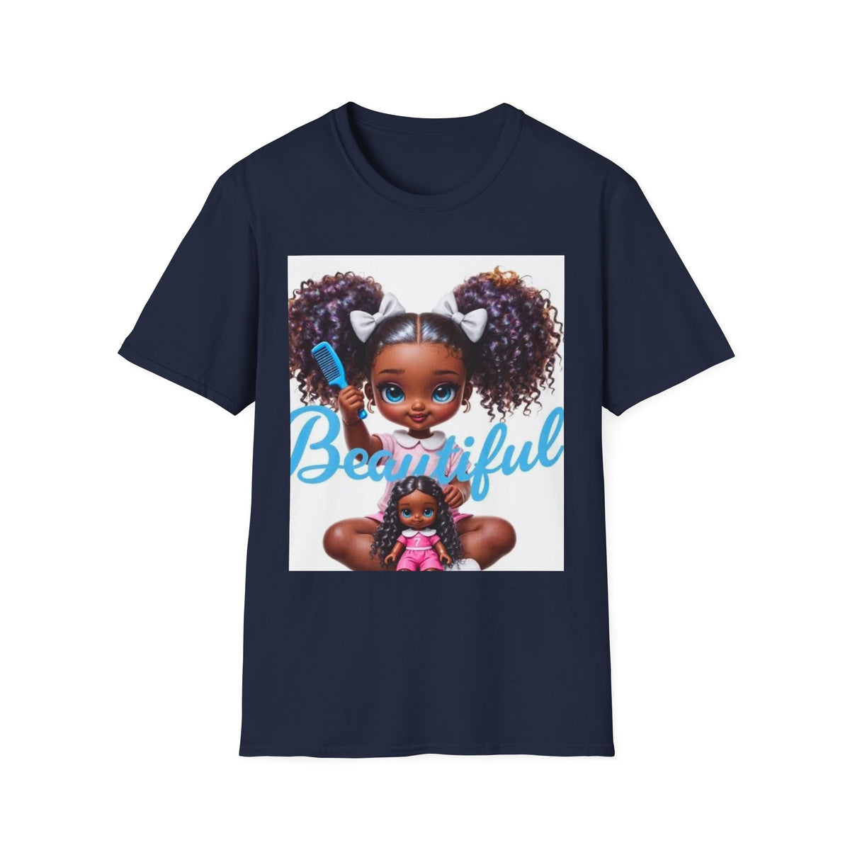 T-Shirt — "Beautiful" Cute Curly-Haired Doll Illustration Tee