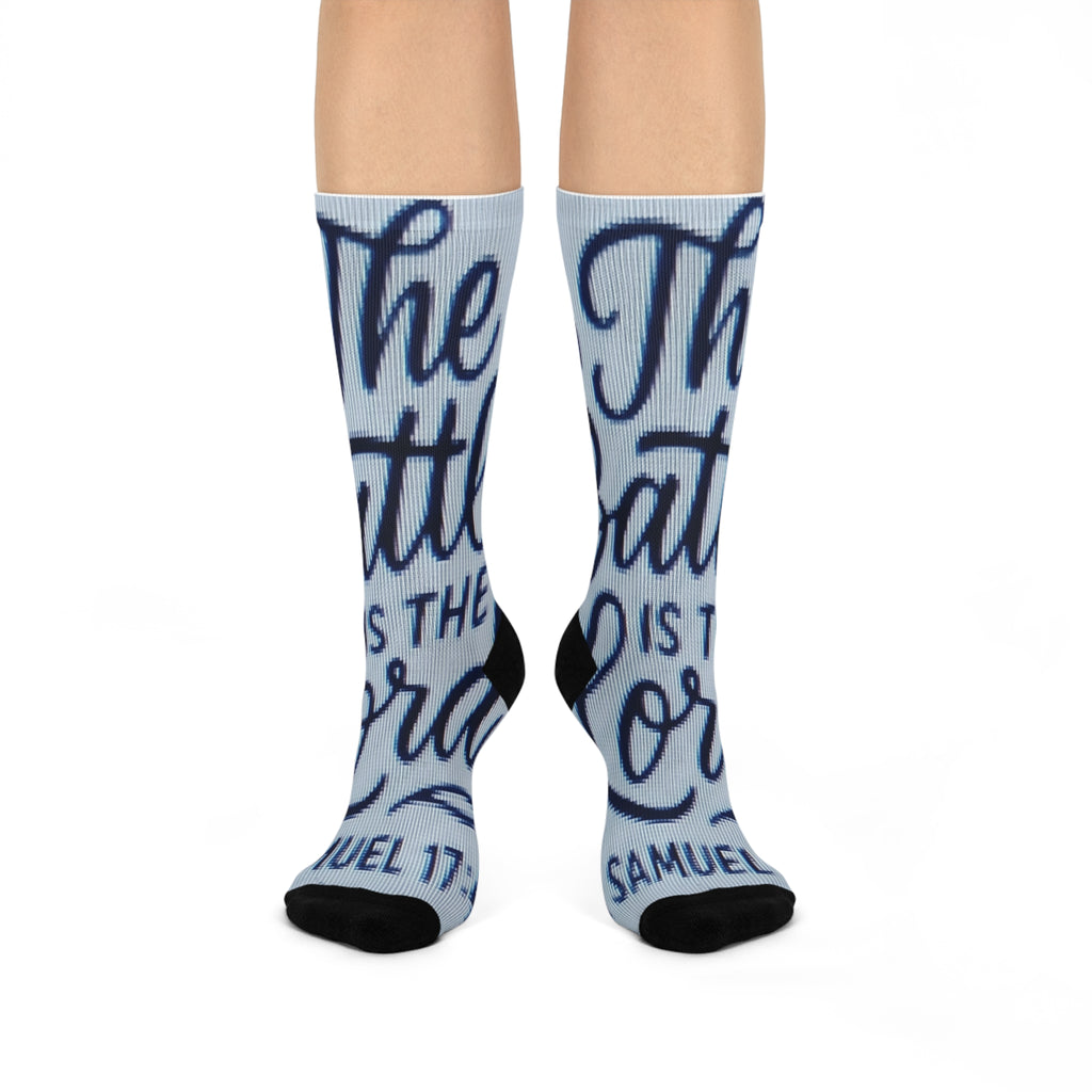 Cushioned Crew Socks — "The Battle Is The Lord's" Scripture Socks (1 Samuel 17:47)