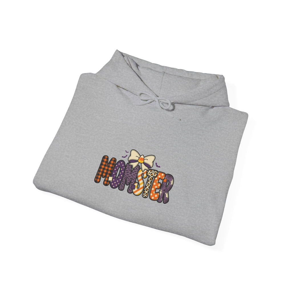Momster Halloween Mom Hoodie | spooky lettering, bats, purple orange