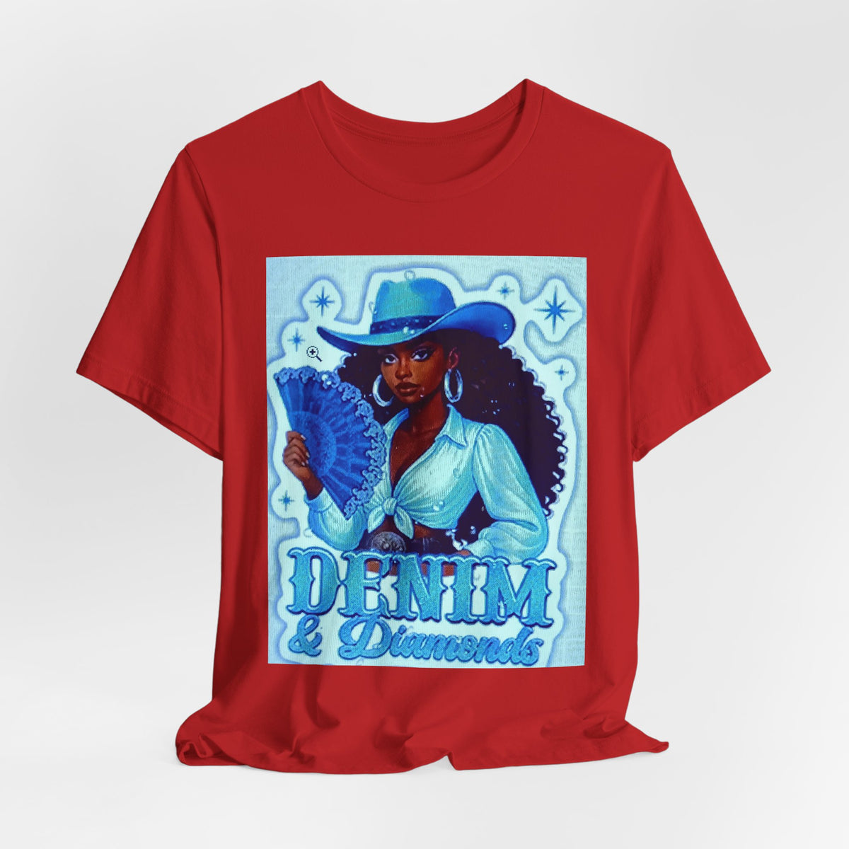 Denim & Diamonds Graphic T‑Shirt — Retro Blue Cowgirl Design