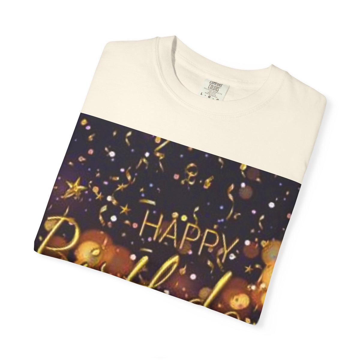 Birthday T-Shirt — Gold Confetti "Happy Birthday" Tee
