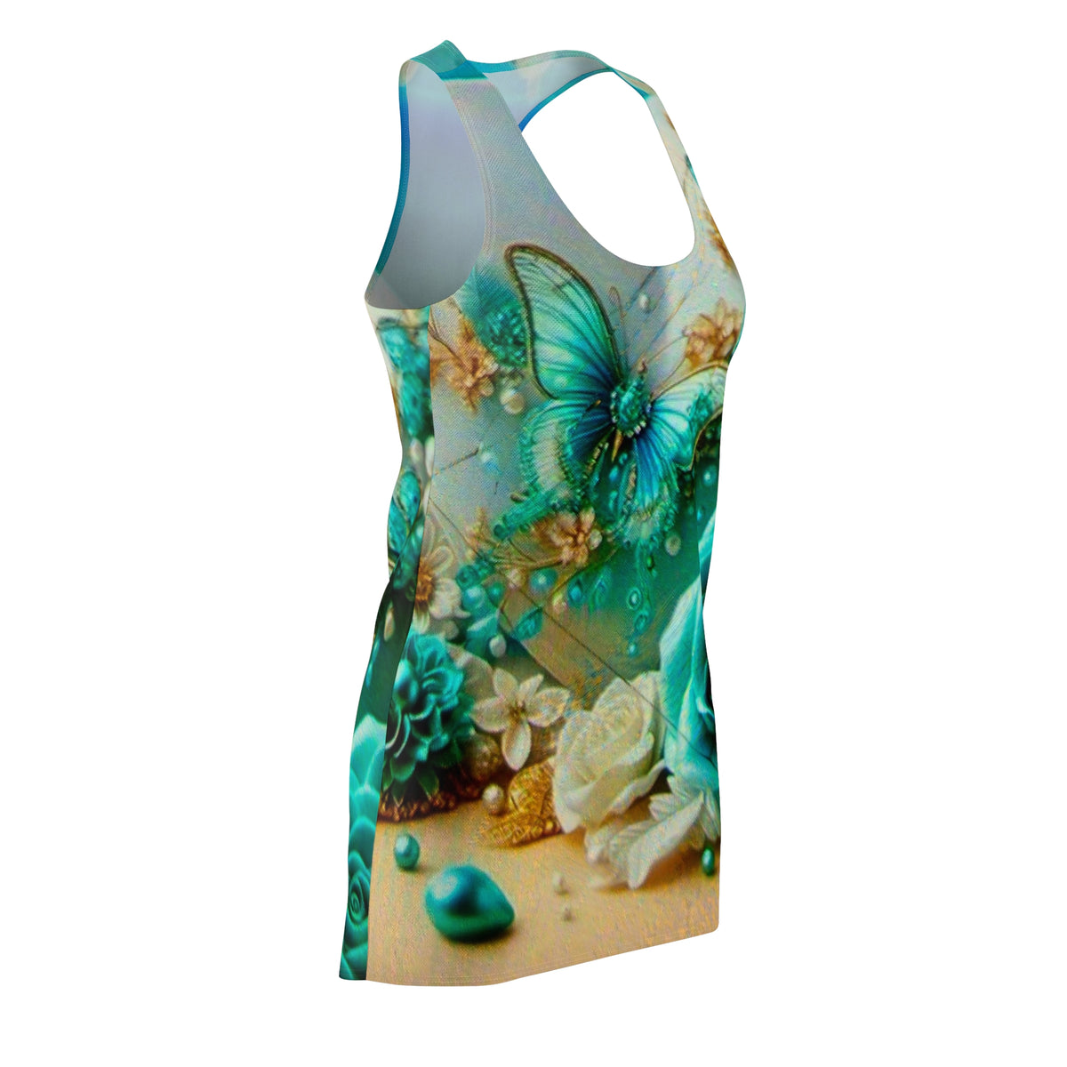 Butterfly Rose Racerback Dress — Teal Floral All-Over Print