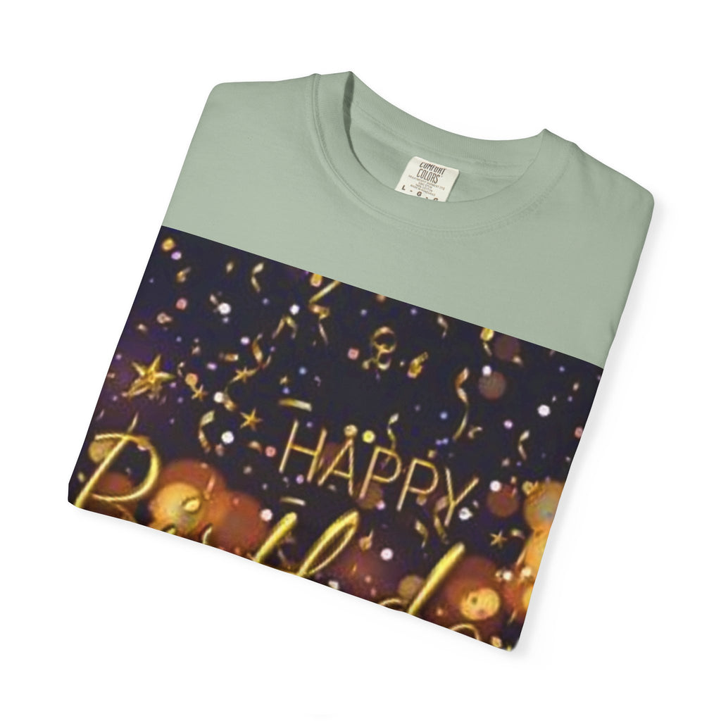 Birthday T-Shirt — Gold Confetti "Happy Birthday" Tee