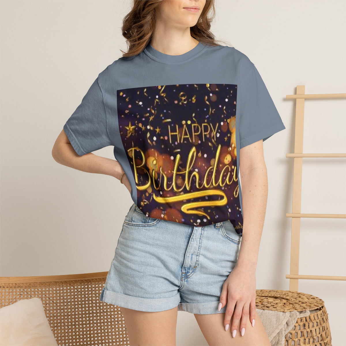 Birthday T-Shirt — Gold Confetti "Happy Birthday" Tee